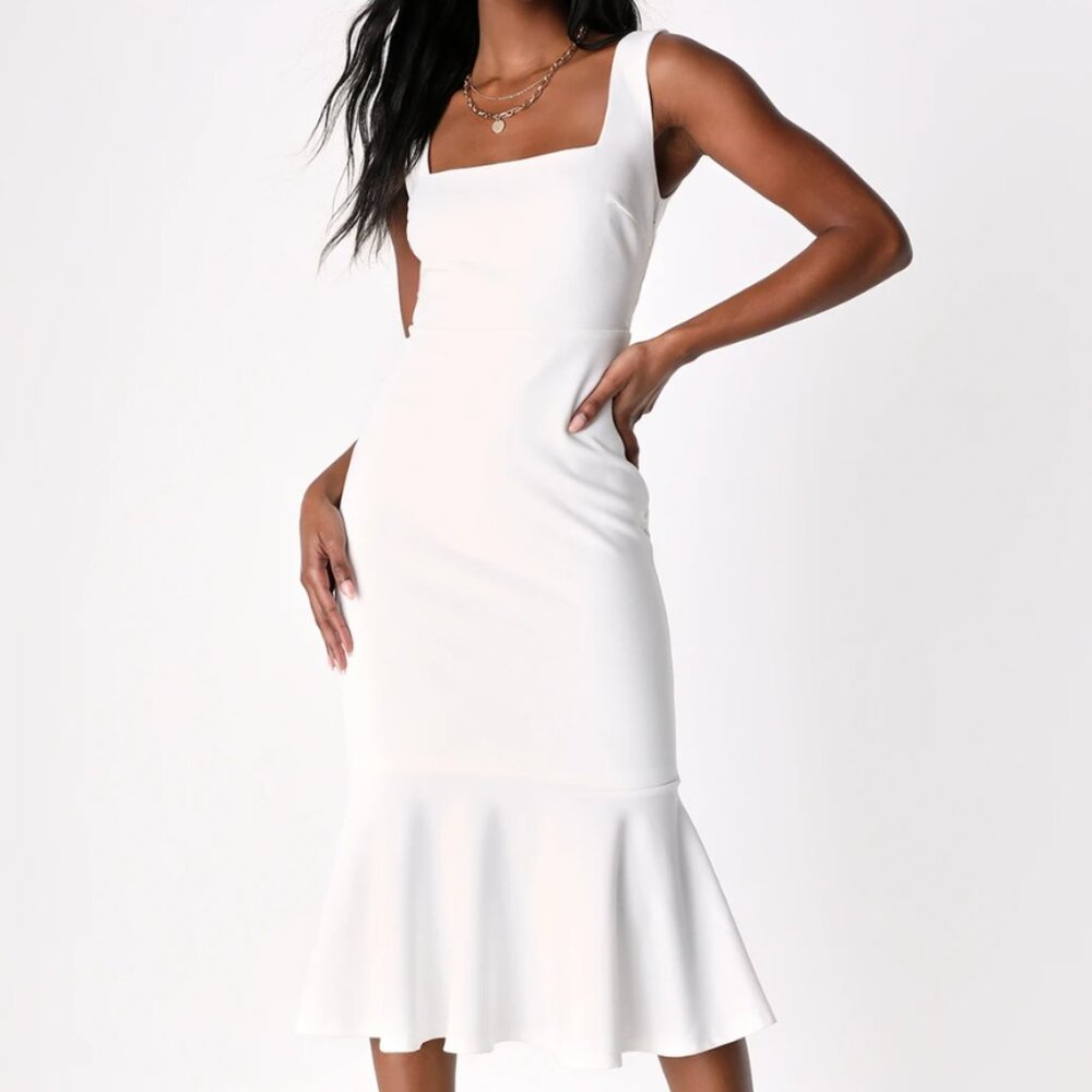 Moment Maker White Square Neck Trumpet Midi Dress (S)